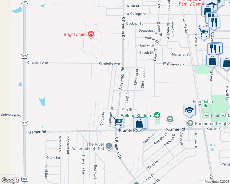 map of restaurants, bars, coffee shops, grocery stores, and more near 901 Sugarbush Ln in Burkburnett