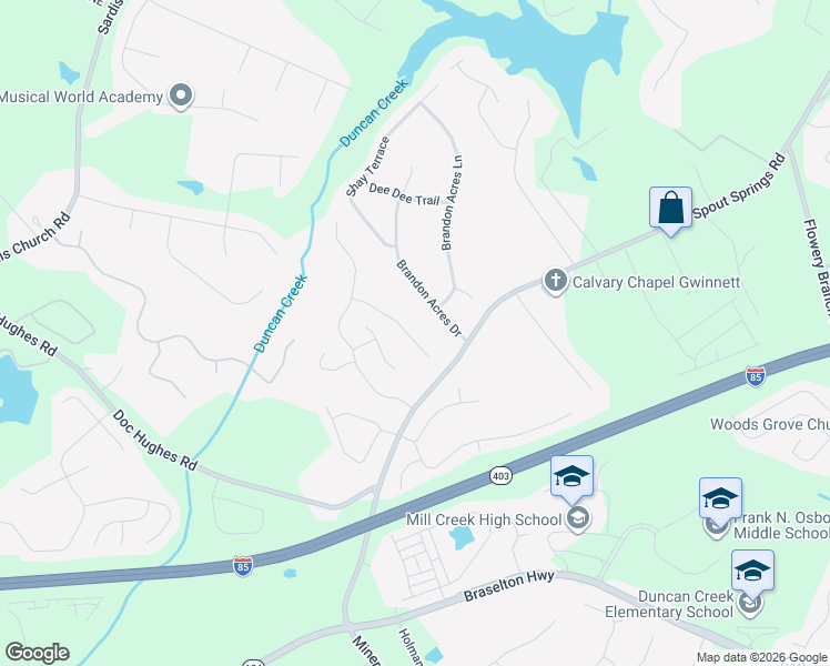 map of restaurants, bars, coffee shops, grocery stores, and more near 2161 Spring Sound Lane in Buford