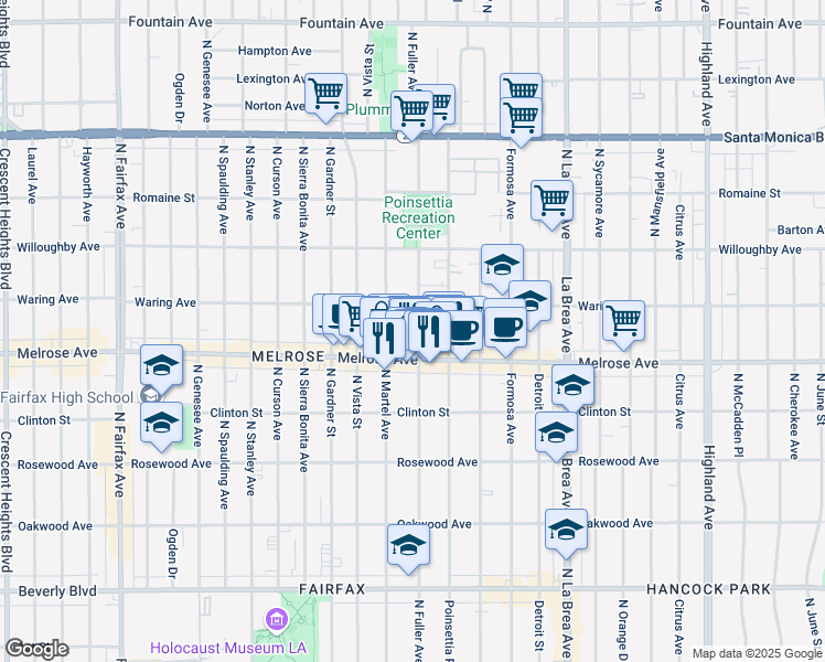 map of restaurants, bars, coffee shops, grocery stores, and more near 727 North Fuller Avenue in Los Angeles