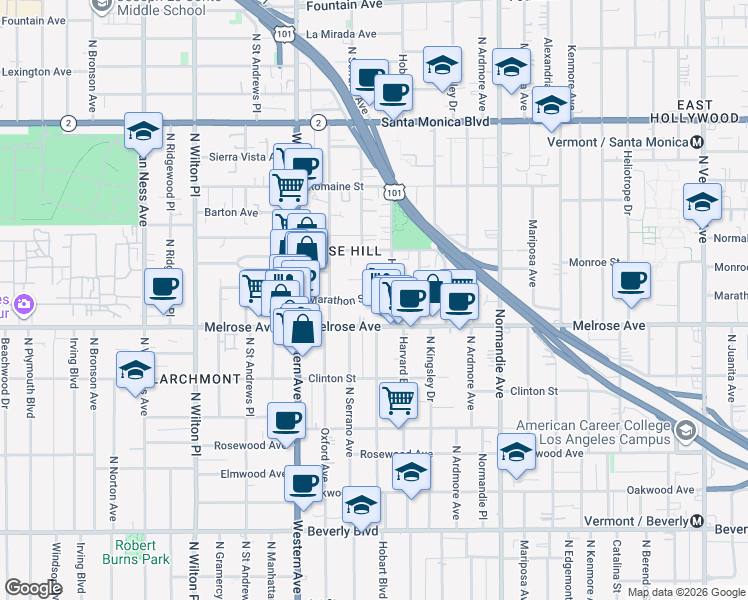 map of restaurants, bars, coffee shops, grocery stores, and more near 4932 Marathon Street in Los Angeles