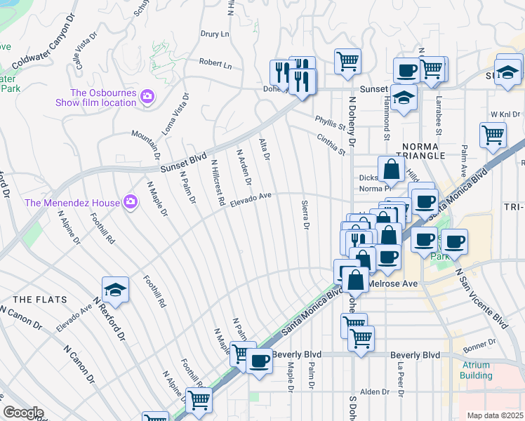 map of restaurants, bars, coffee shops, grocery stores, and more near 628 North Arden Drive in Beverly Hills