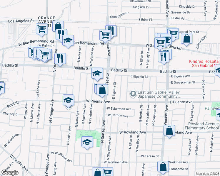 map of restaurants, bars, coffee shops, grocery stores, and more near 750 North Sunset Avenue in West Covina