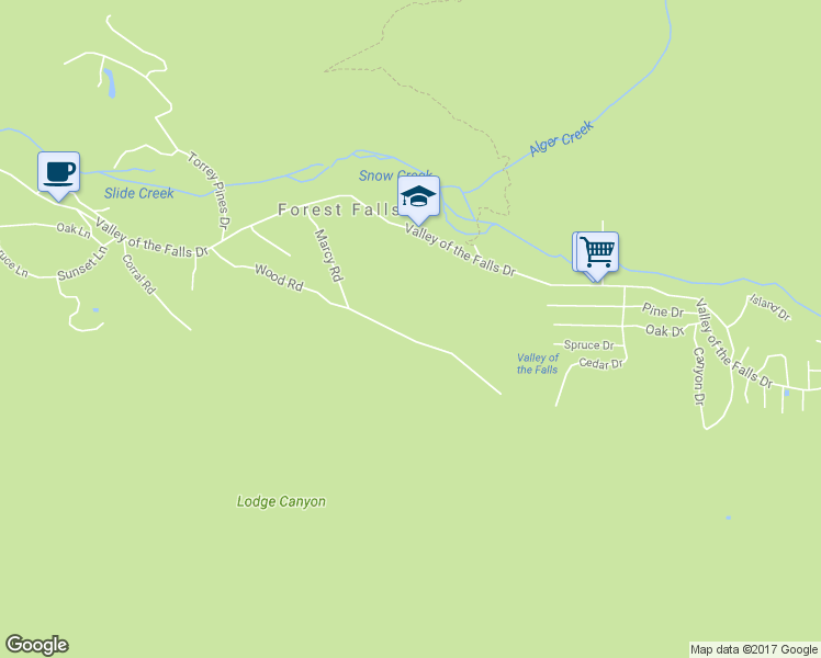map of restaurants, bars, coffee shops, grocery stores, and more near 9319 Wood Road in Forest Falls