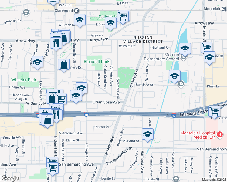 map of restaurants, bars, coffee shops, grocery stores, and more near 626 Converse Avenue in Claremont