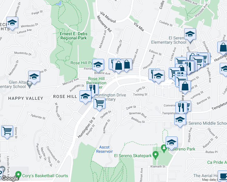 map of restaurants, bars, coffee shops, grocery stores, and more near 4537 Huntington Drive South in Los Angeles