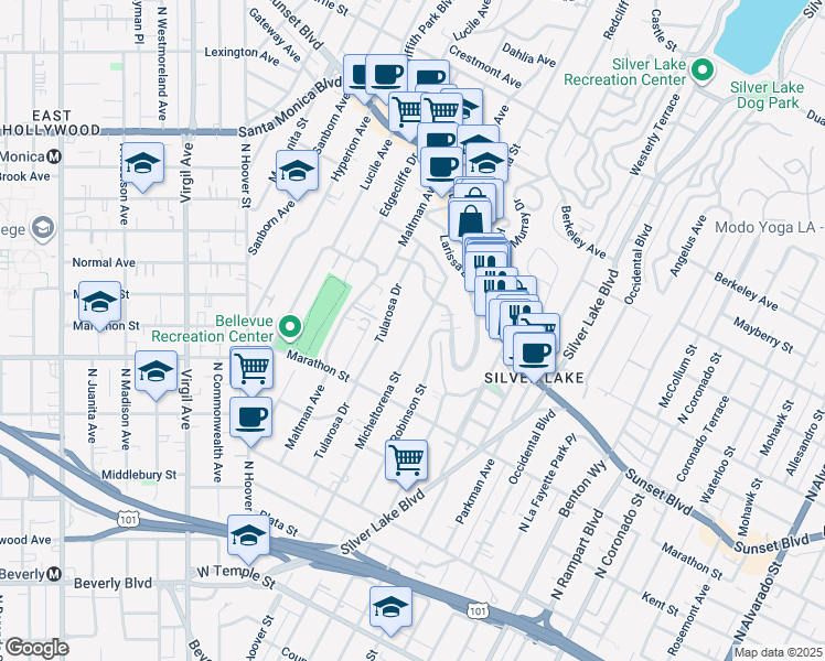 map of restaurants, bars, coffee shops, grocery stores, and more near 931 Micheltorena Street in Los Angeles