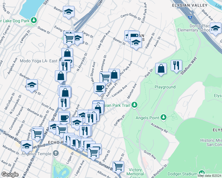 map of restaurants, bars, coffee shops, grocery stores, and more near 1819 Ashmore Place in Los Angeles
