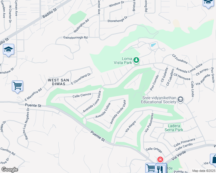 map of restaurants, bars, coffee shops, grocery stores, and more near 1412 Avenida Loma Vista in San Dimas