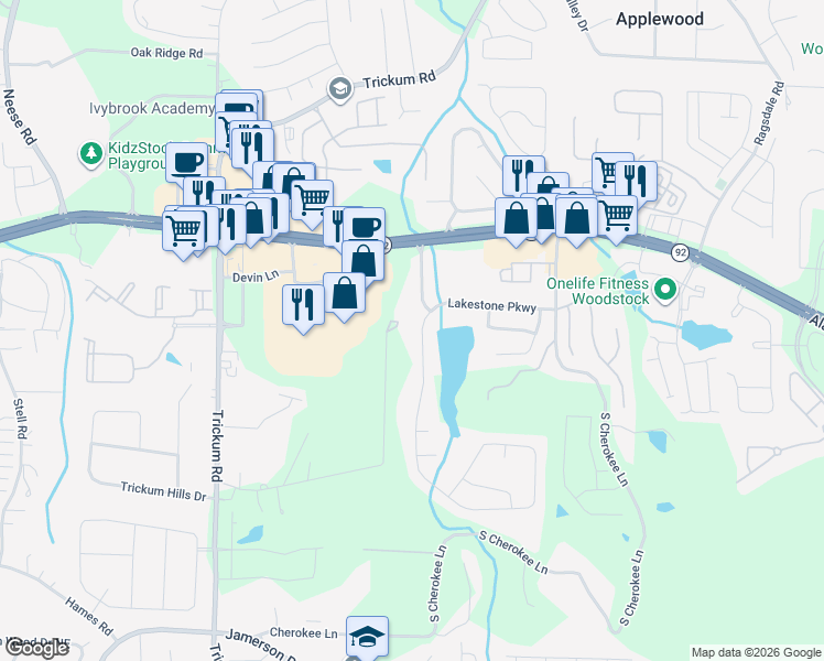 map of restaurants, bars, coffee shops, grocery stores, and more near 144 Lakestone Parkway in Woodstock