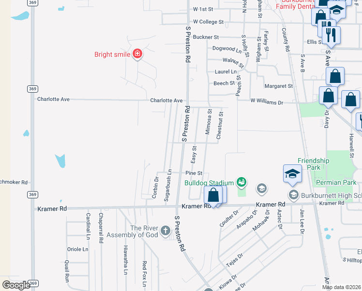 map of restaurants, bars, coffee shops, grocery stores, and more near 901 Sugarbush Lane in Burkburnett