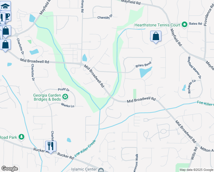 map of restaurants, bars, coffee shops, grocery stores, and more near 1055 Gramercy Lane in Alpharetta