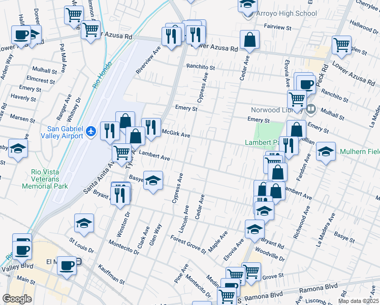 map of restaurants, bars, coffee shops, grocery stores, and more near 4324 Cypress Avenue in El Monte