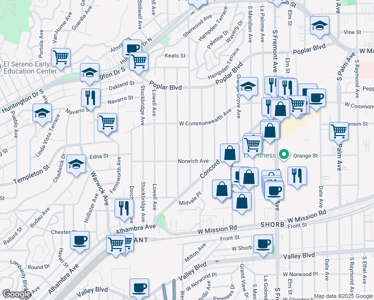 map of restaurants, bars, coffee shops, grocery stores, and more near 821 Westmont Drive in Alhambra