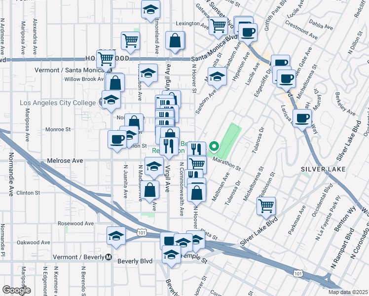 map of restaurants, bars, coffee shops, grocery stores, and more near 3926 Marathon Street in Los Angeles