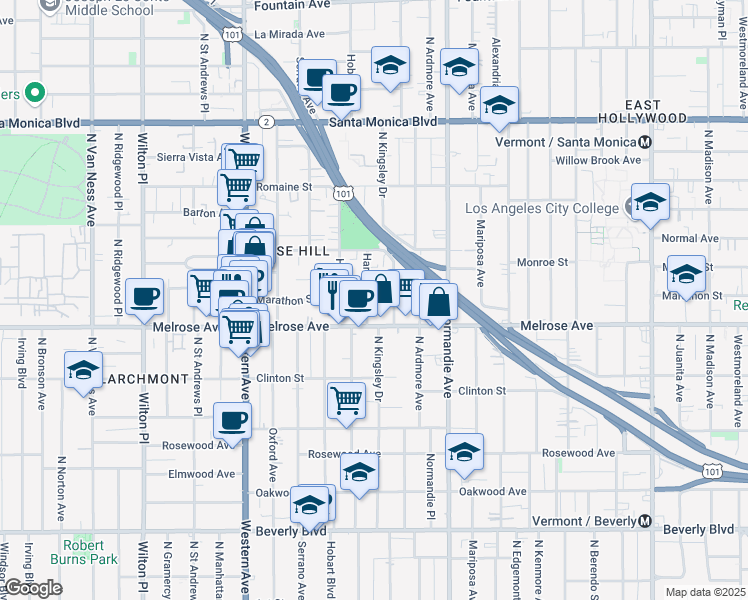 map of restaurants, bars, coffee shops, grocery stores, and more near 732 North Harvard Boulevard in Los Angeles