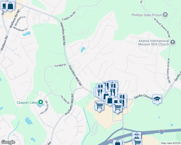 map of restaurants, bars, coffee shops, grocery stores, and more near 2648 Cascade Cove Drive in Buford