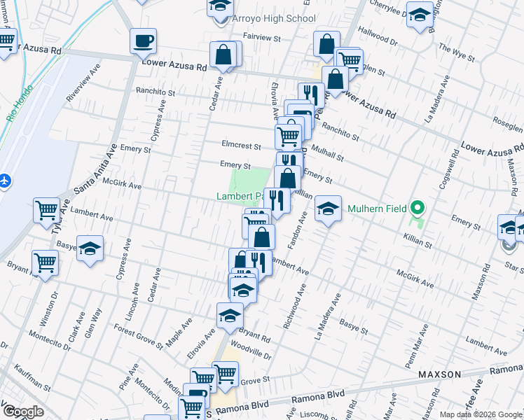 map of restaurants, bars, coffee shops, grocery stores, and more near 11506 McGirk Avenue in El Monte