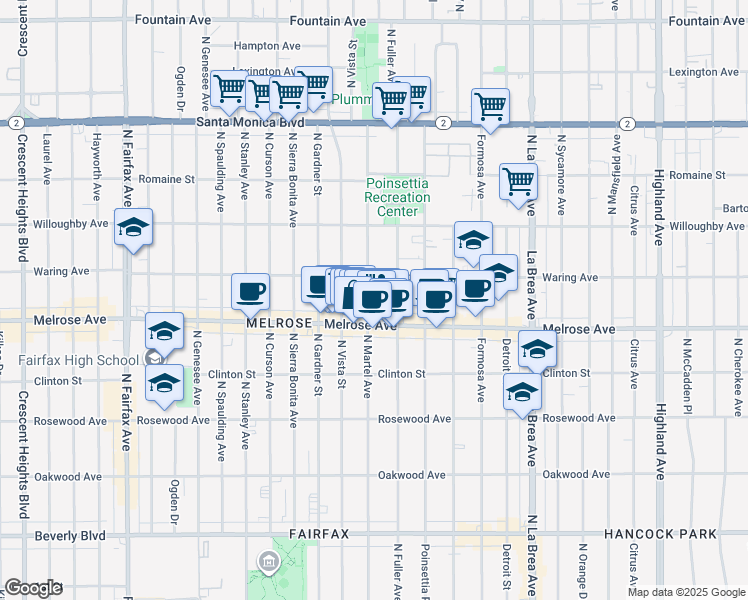 map of restaurants, bars, coffee shops, grocery stores, and more near 727 North Martel Avenue in West Hollywood