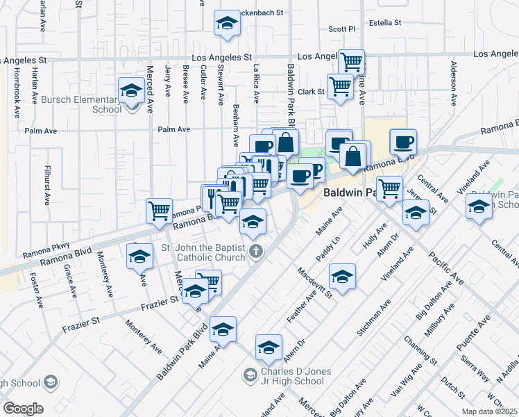 map of restaurants, bars, coffee shops, grocery stores, and more near 14026 Ramona Boulevard in Baldwin Park
