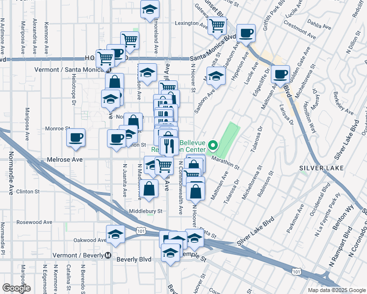 map of restaurants, bars, coffee shops, grocery stores, and more near 3926 Marathon Street in Los Angeles