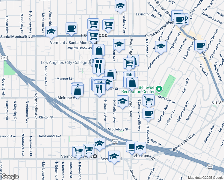 map of restaurants, bars, coffee shops, grocery stores, and more near 4112 Marathon Street in Los Angeles