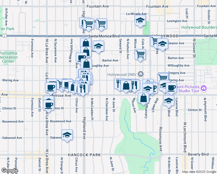 map of restaurants, bars, coffee shops, grocery stores, and more near 732 North Cherokee Avenue in Los Angeles