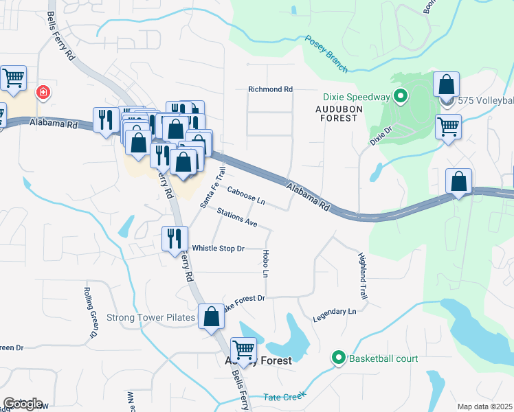 map of restaurants, bars, coffee shops, grocery stores, and more near 211 Caboose Lane in Woodstock