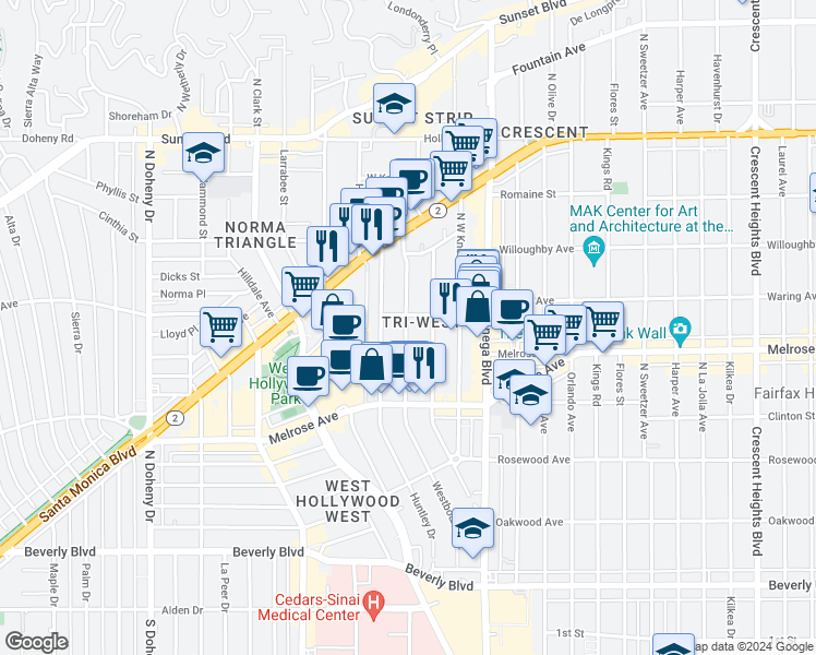 map of restaurants, bars, coffee shops, grocery stores, and more near 728 Westbourne Drive in West Hollywood