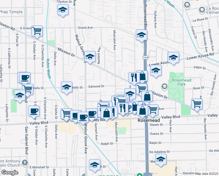 map of restaurants, bars, coffee shops, grocery stores, and more near 8738 Edmond Drive in Rosemead