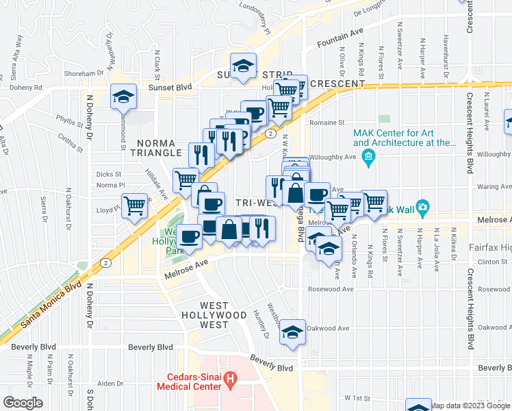 map of restaurants, bars, coffee shops, grocery stores, and more near 728 Westbourne Drive in West Hollywood