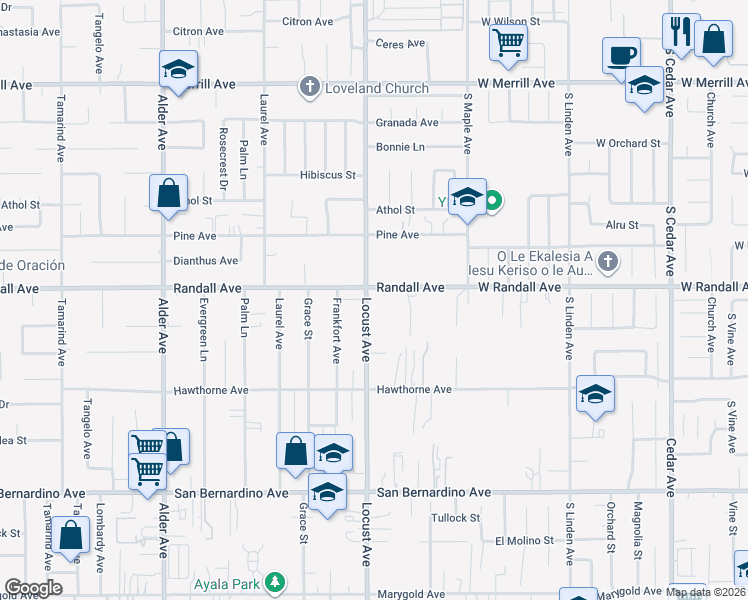 map of restaurants, bars, coffee shops, grocery stores, and more near 9327 Locust Avenue in Fontana