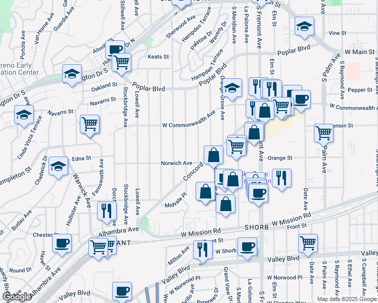 map of restaurants, bars, coffee shops, grocery stores, and more near 822 Winthrop Drive in Alhambra