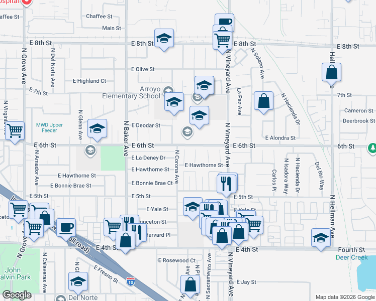 map of restaurants, bars, coffee shops, grocery stores, and more near 145 North Orange Place in Ontario