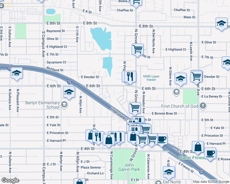 map of restaurants, bars, coffee shops, grocery stores, and more near 1109 East La Deney Court in Ontario
