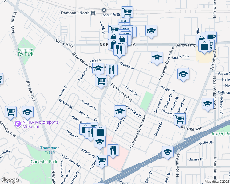 map of restaurants, bars, coffee shops, grocery stores, and more near 152 East La Verne Avenue in Pomona