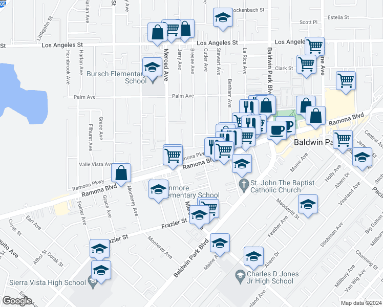 map of restaurants, bars, coffee shops, grocery stores, and more near 13851 Ramona Parkway in Baldwin Park