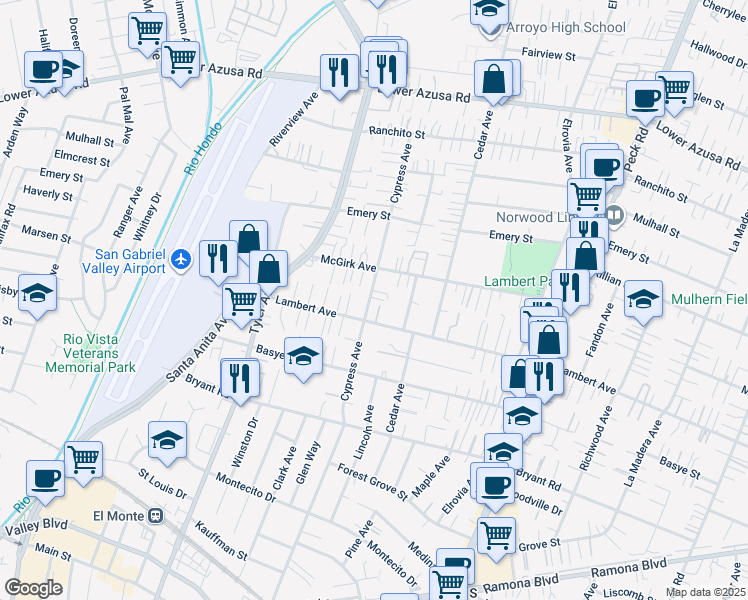 map of restaurants, bars, coffee shops, grocery stores, and more near 4324 Cypress Avenue in El Monte