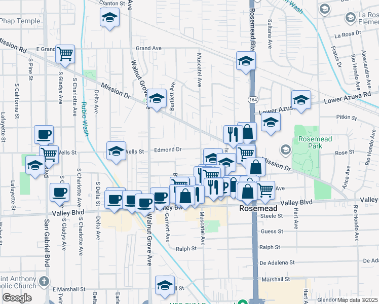 map of restaurants, bars, coffee shops, grocery stores, and more near 8738 Edmond Drive in Rosemead