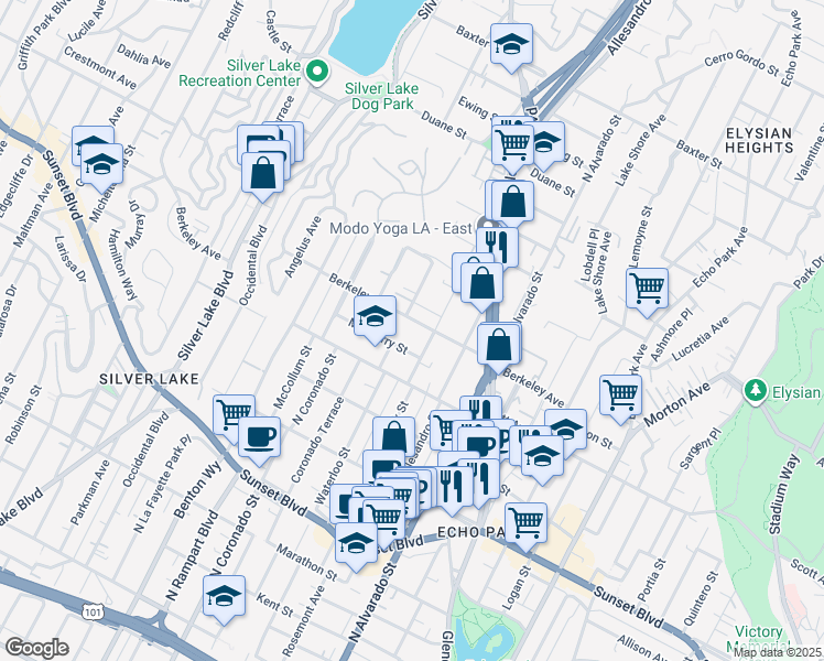 map of restaurants, bars, coffee shops, grocery stores, and more near 2320 Berkeley Avenue in Los Angeles
