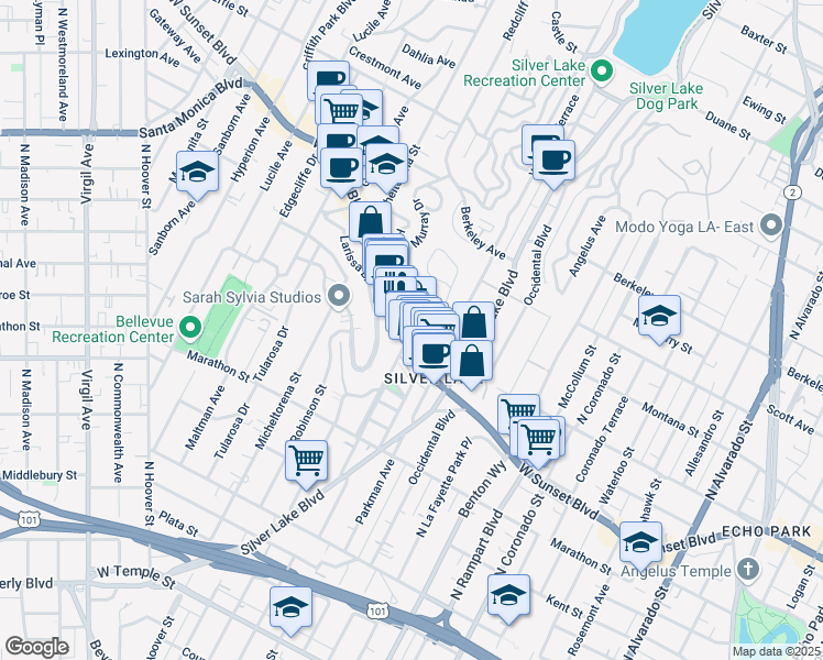 map of restaurants, bars, coffee shops, grocery stores, and more near 1227 Westerly Terrace in Los Angeles