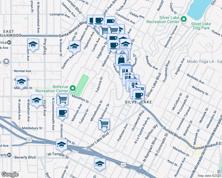 map of restaurants, bars, coffee shops, grocery stores, and more near 931 Micheltorena Street in Los Angeles