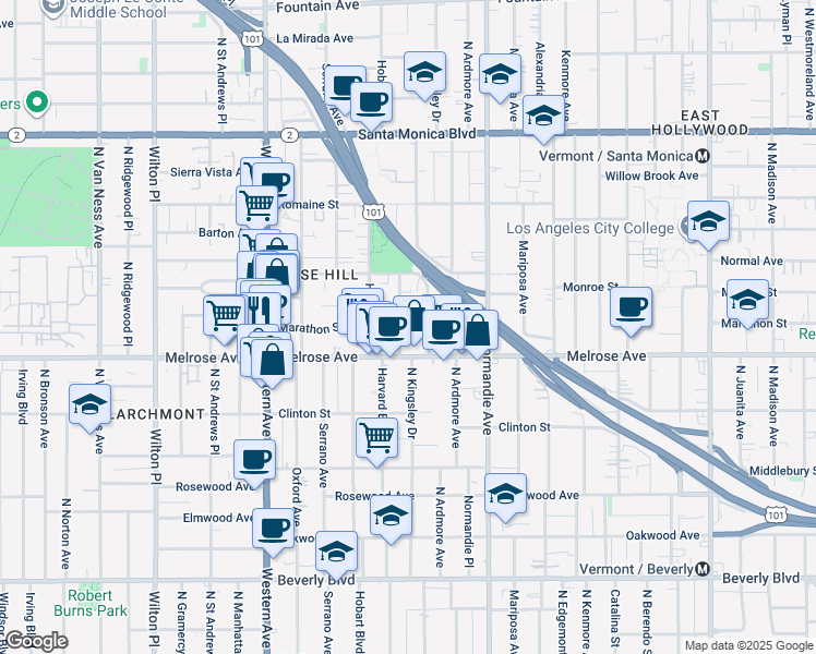map of restaurants, bars, coffee shops, grocery stores, and more near 732 North Harvard Boulevard in Los Angeles