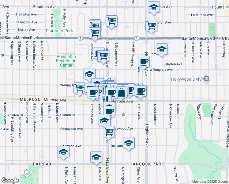 map of restaurants, bars, coffee shops, grocery stores, and more near 732 North Sycamore Avenue in Los Angeles