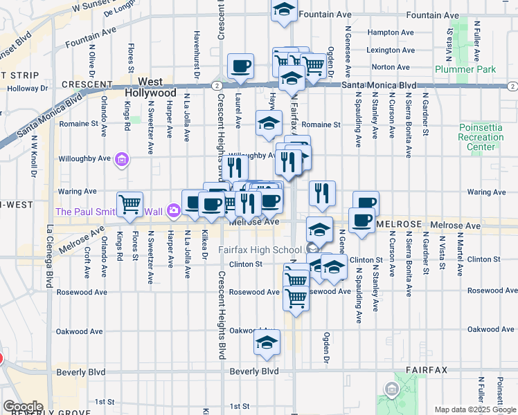 map of restaurants, bars, coffee shops, grocery stores, and more near 720 North Edinburgh Avenue in Los Angeles