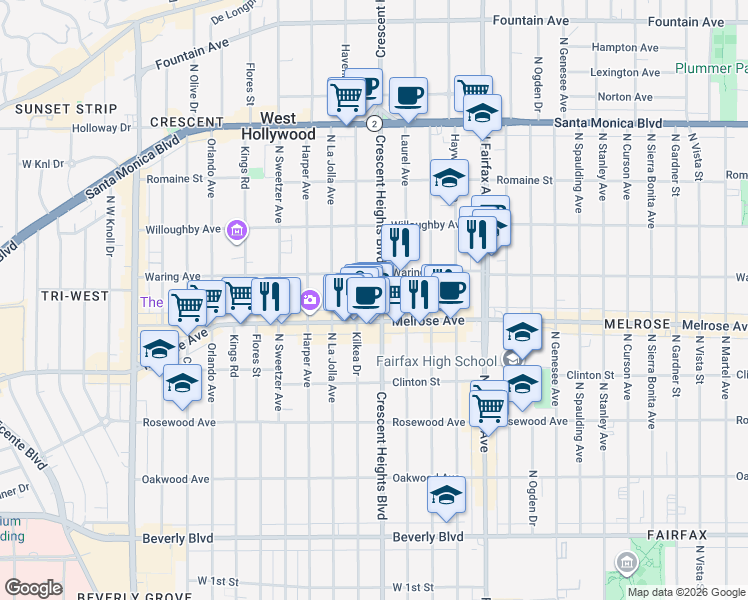 map of restaurants, bars, coffee shops, grocery stores, and more near 722 North Kilkea Drive in Los Angeles