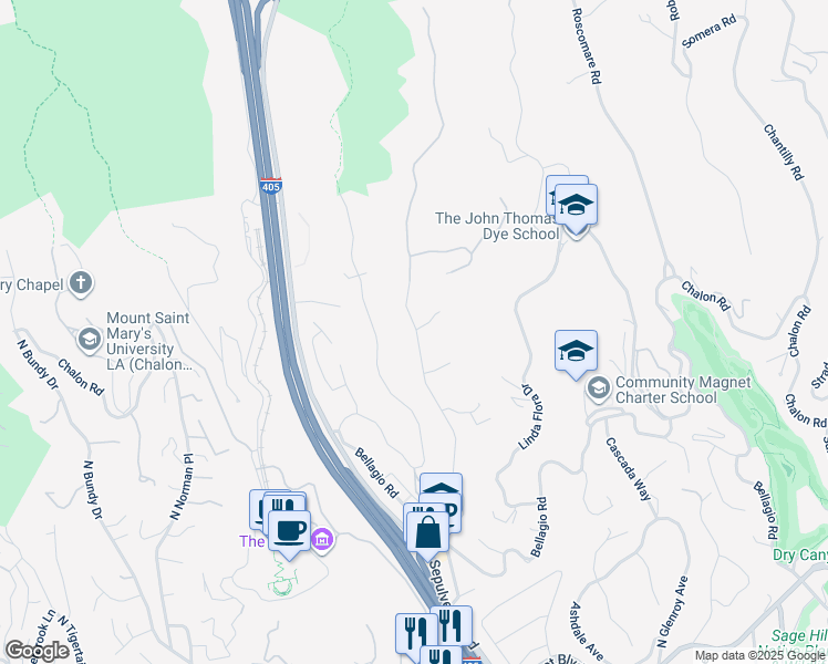 map of restaurants, bars, coffee shops, grocery stores, and more near 1075 Moraga Drive in Los Angeles