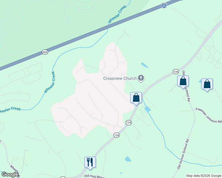map of restaurants, bars, coffee shops, grocery stores, and more near 1922 East Bay Street in Hoschton