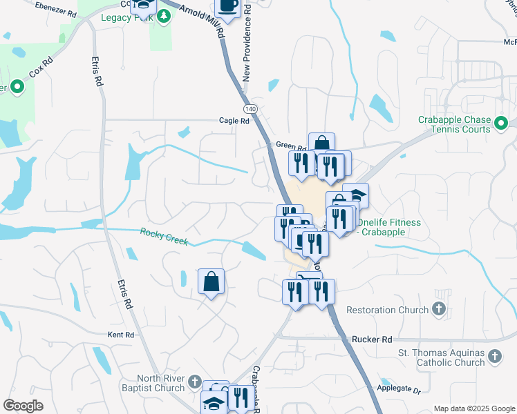 map of restaurants, bars, coffee shops, grocery stores, and more near 355 Morning Dew Circle in Roswell