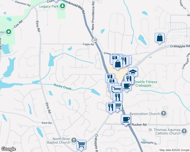 map of restaurants, bars, coffee shops, grocery stores, and more near 305 Morning Dew Circle in Roswell