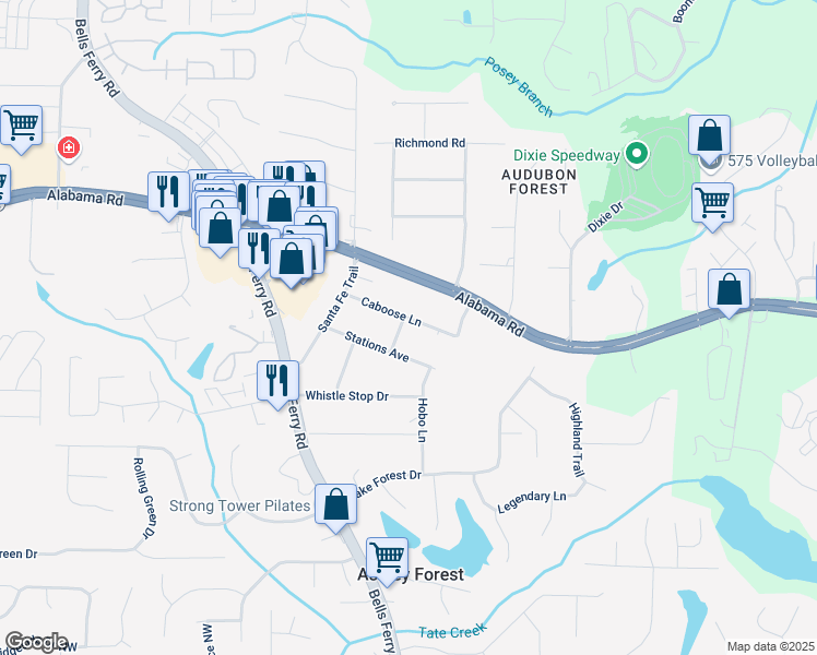 map of restaurants, bars, coffee shops, grocery stores, and more near 211 Caboose Lane in Woodstock